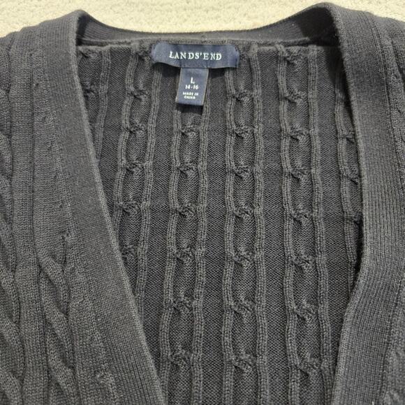 Lands End Black Cable Knit Button-up Sweater V-neck Girls Size L (14-16) School - Picture 2 of 9